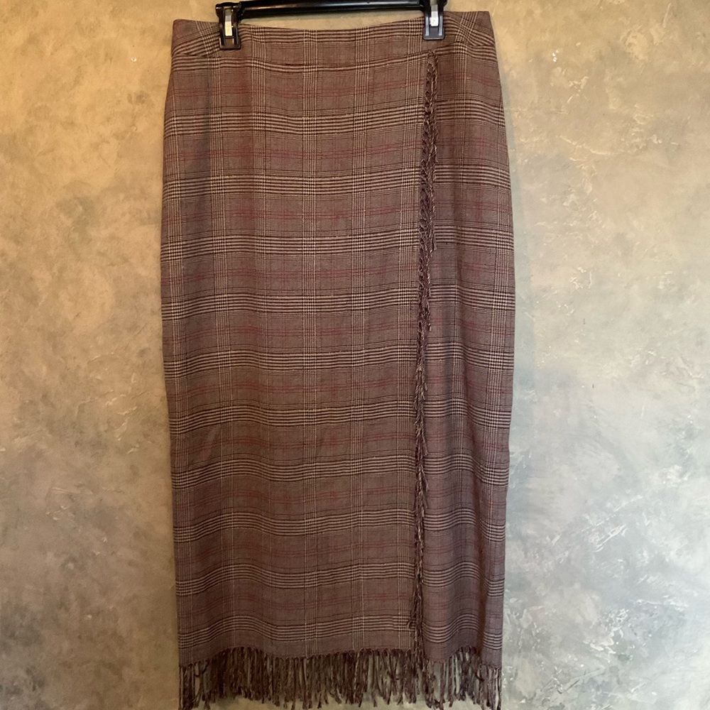 Vintage Bianca Nygard Plaid Fringe Faux Wrap Maxi Skirt